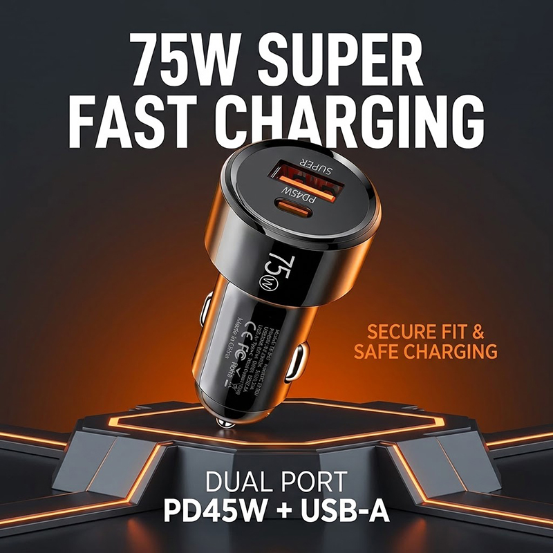 Usb C Power Adapter - Pengisi Daya Mobil Dual Port 75W